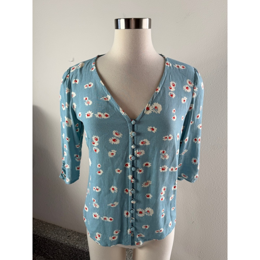 Boden Womens US 4 Blue Daisy Floral Button Front V Neck Blouse Top
